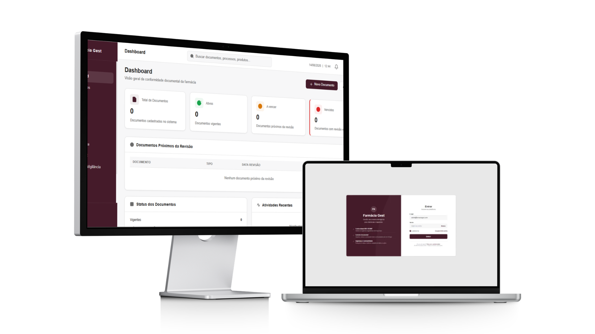 Painel do sistema Farmácia Gest exibindo o dashboard de conformidade documental em monitor e notebook